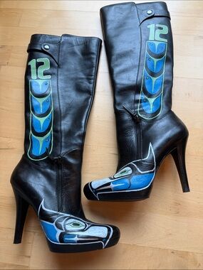 Hand-Painted Black Leather Knee-High Boots Blue Green Seahawks football superbow
